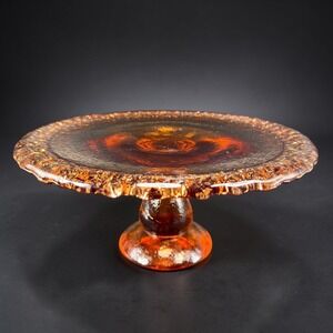 Fire &‎ Light Handcrafted Amber Recycled Glass 10in Pedestal Cake Stand signed